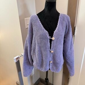 Vintage Y2K Flashback Terrycloth Loose‎ Fit Button Up Cardigan Sweater Purple L
